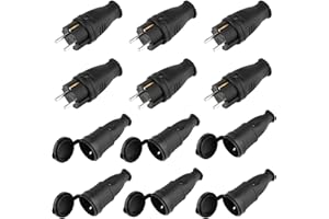 GLIROWY Schuko Plug and Schuko Coupling, Protective Contact Plug, Pack of 6 Protective Contact Set with Kink Protection, Can Be Used for 0.5-3 cm² Cable, IP44, 230 V, 16 A