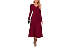 Arach&Cloz Strickkleid Damen Herbst Winterkleid Lang Plissee V-Ausschnitt Langarm Pulloverkleid Elegant Midi Kleider Winter