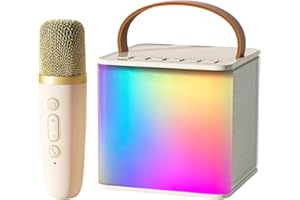 Wowstar Karaoke Machine 1 Wireless Microphones for Kids & Adult, Portable Bluetooth Karaoke Machine Speaker With Voice Changing Effects & LED Light for Home Karaoke Birthday Party (Beige)