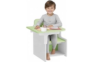 MeJa Kids Table & Chair Set, Children's Wooden Writing Desk Set with Storage Compartment, Junior Toddler Study Table & Chair for Ages 3+, 2 in 1 Children's Furniture Boys & Girls Gift, Mint+White
