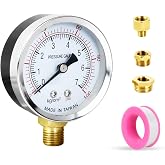 QINGZY Pressure Gauge for Well Pump 60 mm, BSP 1/4", 0-7 Bar 0-100 Psi, with 2 Brass Cap Adapters, Teflon Tape, Lower Mount