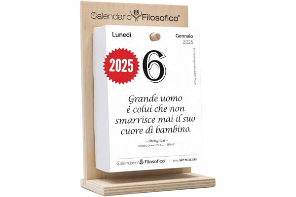 Il Calendario Filosofico 2025 avec support en bois, format A6 10 x 14 cm, le premier et l'original calendrier de table avec 365 jours de phrases philosophiques, lire chaque jour une phrase, créé à