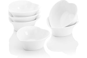 MALACASA Ramekins Set of 6, 100ML Porcelain Dipping Bowls Heart Shape Creme Brulee Ramekins Soufflé Dishes Sauce Dish Baking Dish for Cake & Pudding & Ice Cream, Oven Safe, Ivory White