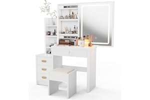 Oyajia Schminktisch Weiß, Kosmetiktisch mit Spiegel & Hocker, Frisierkommode mit LED-Beleuchtung Set, Frisiertisch mit 4 Schubladen, Schlafzimmermöbel Vanity Set, 135 * 80 * 36cm