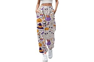 Generisch Jogginghose Damen Halloween Print Sweatpants Casual Pyjama Bottom Jogger Hose mit Taschen Halloween kostüm mit Kürbis-Halloween-Motiv bedruckter Boden Jogginghose Taschen hohe Taille Mode