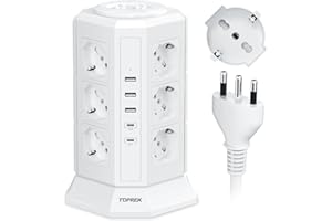 TOPREK Ciabatta Multipresa Verticale con 12 Prese Universali ITA 10/16A e Schuko e 2 USB C(20W PD3.0 Ricarica Rapida) e 3 USB A, Protezione Sovratensione, 4000W/16A, 2 Interruttore, 2M Cavo, Spina 16A
