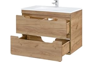Lomadox Badmöbel Waschtisch Set mit 81 cm Unterschrank und Keramik Waschbecken, Wotan Eiche Nb. Dekor, 2 Softclose-Schubkästen