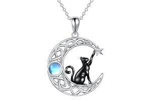 VONALA Łańcuszek z zawieszką z kotem, srebro wysokiej próby 925, motyw zwierzęcy, księżyc, biżuteria damska, prezent dla kobiet, Srebro Srebro szterlingowe, Kamień księżycowy