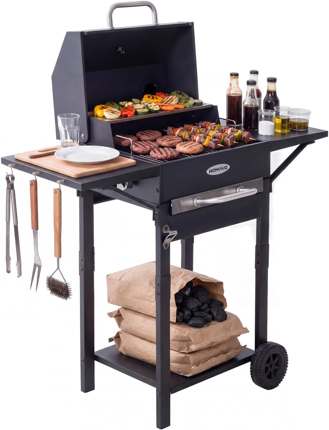 HOMAVO Barbacoa de Carbón, Parrilla con Tapa de Acero de 45×32 cm, Bandeja Ajustable en Altura, Mesa Lateral, Termómetro
