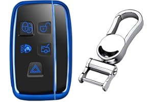 M.JVisun Soft TPU Case Cover Protector for Land Rover - Car Remote Key Fob Case for Discovery 4/Sport Freelander 2 - Range Rover Evoque/Sport/Velar - Glossy Blue - Metal Keychain
