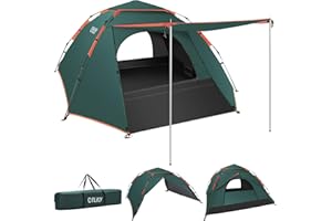 Cflity Camping Tent, 3 Man Pop Up Tent Automatic Instant Three Layer Waterproof 4 Season Large Dome Tent & Shelters with Extended Floor Mat Porch 2 Hall Poles Removable Rainfly