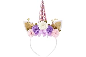 Nishine Unicorn Headband Nonwoven Flowers Cat Ears Pony Head Bands Tiara Glitter Horn for Cosplay Unicorn Party Supplies (Pink)