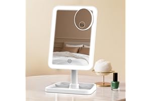 FAMIHOMII Rechargeable Makeup Vanity Mirror with Lights, Large Light Up Mirror for Dressing Table or Bathroom, 3-Colour Dimmable Lighting, Touch Sensor, Portable Travel Mirror with Detachable 10X Magnification