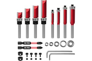 JELLYBIBO 10 Stück Bündigfräser 8mm mit 2 Schlagmagnetbits, 8mm Schaft Bündigfräser, 6 Lager, 2 Schraubenschlüssel, Kopierfräser 8mm, Holzfräser für Oberfräse Hartmetall-Holzbearbeitungsfräser-Sets