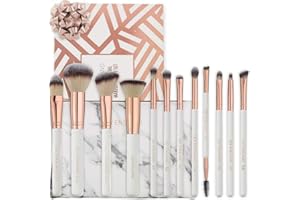 Juego de Brochas de Maquillaje en Oro Rosa con Estuche de Mármol. Las 12 Mejores Brochas de Maquillaje para Cara y Ojos, Lily England