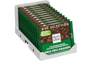 RITTER SPORT-Amandes Entières- Tablette 100 g, Chocolat au lait -A emporter partout-Boite de 11 tablettes