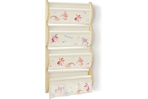 wooshwa Libreria Montessoriana per Bambini da Parete 4 Ripiani e 3 Tasche Porta Libri Bambini Scaffale Salvaspazio Legno 81x43x8cm - Unicorno