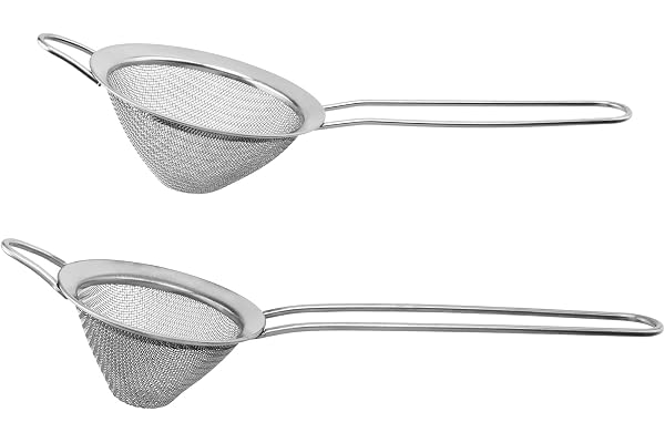 YIXNSW 2 stycken finnätstrainer cocktail 2 storlekar 7 cm och 8,5 cm, cocktailsil rostfritt stål barsil fin konisk sil med handtag för cocktails, tedrycker, nudlar och florsocker, vanilj