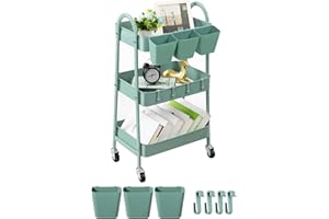 danpinera 3-Tier storage trolley, Metal storage cart with Lockable Wheels & Hanging Cups & Hooks, storage trolley on wheels for bathroom, kitchen, craft, beauty, Green