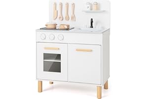 COSTWAY Kids Play Kitchen, Wooden Pretend Toy Kitchen with Sound & Lights, Sink, Faucet, Oven, Utensils, Children's Chef Role Play Set for Boys Girls