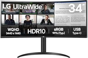 LG Electronics Curved UltraWide Monitor 34WR55QK, 34 inch, 1440p, 100Hz, 5ms Response Time, VA Panel, Smart Energy Saving, USB-C (65W Power Delivery), Displayport, HDMI