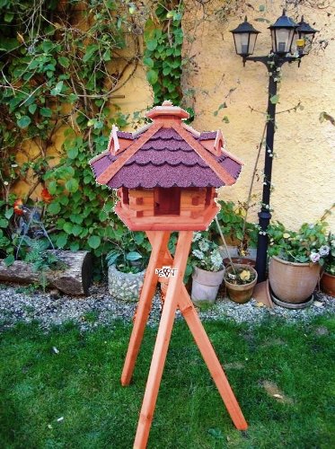 MEGA-XXL Vogelhaus -Holz Nistkästen & Vogelhäuser- Futterhaus aus Holz BG70roMS mit ROT mit Ständer rote Bitumenschindel