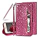 Produktbild SKYXD Glitter Reißverschluss Brieftasche Hülle für Samsung Galaxy J4 2018, Stilvoll Luxus Bling Strass Wallet Stoßdämpfende Multifunktion Magnetisch Etui für Samsung Galaxy J4 2018(Rose Rot)