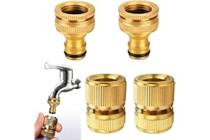 BUZIFU 2 Piezas Conector de Manguera de Latón y 2 Piezas 2 en 1 Adaptador Manguera Grifo de Latón, 1/2" y 3/4", Adaptador para Grifo con Rosca, Conectores Rápidos para Mangueras de Jardín o Cocina
