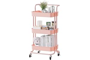 TUKAILAi 3-Tier Storage Trolley with Lock Wheels Ergonomic Handle Slide Out Rolling Utility Cart Shelving Unit Organizer Tower Rack Serving Trolley for Kitchen Bathroom Laundry Bedroom Pink