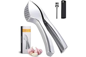 mreechan Presse Ail,La presse à ail équipée d'un éplucheur en silicone et d'une brosse de nettoyage est robuste,Facile à Utiliser et à Nettoyer, Design Elégant en Alliage de Zinc(Argent)