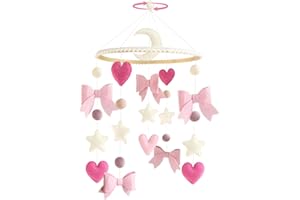 Mobile Baby Babybett mit Rosa Schleife Beige Sterne und Monden Handgefertigte Hölz Hängende Mobile Windspiel für Babybett Kinderbett Bettglocke Anhänger Neugeborenen Geschenk für Mädchen