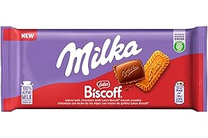 Milka Lotus Biscoff Tavoletta di Cioccolato al Latte con inclusioni di Biscotto Lotus Biscoff Latte 100% Alpino, Cacao Sostenibile Tavoletta 90g