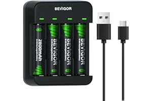 BEVIGOR 4 x 2800mAh AA Rechargeable Batteries with 4-Bay LED Smart Charger Set, Type C Fast Charging for Ni-MH/Ni-CD Rechargeable Batteries