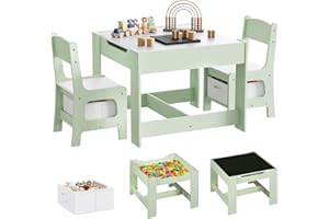 WOLTU Mesa Infantil con 2 Sillas, Mesa y Silla Niños con Almacenaje, Tablero Reversible, para Manualidades Dibujo y Lectura, Mueble Niños para Guardería, a Partir de 2 Años, Madera, Verde + Blanco