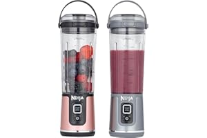 Ninja Blast Pack de 2 blenders portables de 530 ml, couvercle anti-fuite et bec verseur, sans fil, rechargeable, smoothies, shakes protéinés, granités, or rose et argent métallisé, BC151UKEUGV