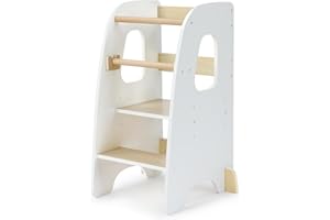 Growaystory Lernturm für Kinder, Stylisch Kippschutz Lernturm Höhenverstellbar, Höchste Sicherheit, Montessori Küchenhelfer und Learning Tower, Lernturm ab 1 Jahr, Little Helper (Weiß + Eiche)