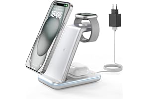 GEEKERA Estacion de Carga para Apple, Cargador Inalambrico 3 en 1 para iPhone 16/15/14/13/12/11/Pro MAX, Base Cargador para Apple Watch 10/9/8/7/6/5/4/3/2, Carregador sem fios para AirPods 4~2-Plata