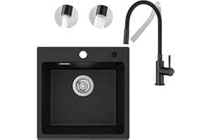 CECIPA 45 x 45 cm Fregadero con grifo, grifo de cocina flexible con 2 tipos de chorro, fregadero negro, fregadero de cocina rectangular, moderno fregadero de granito, fregadero de cocina