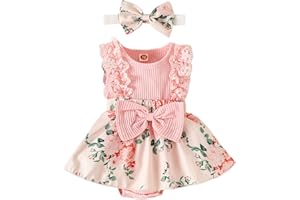 ESSECMBS 2Pz Completo Neonata Pagliaccetto Estivo Neonata in Pizzo Tutina Stampa Floreale Bimba con Maniche Volant Abito Estivo Neonata+Fascia per Neonata