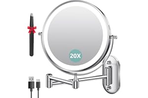 Auxmir Espejo Maquillaje con Luz Recargable, Aumento 1X/20X Doble Cara Giratorio 360, Espejo Baño Pared Extensible Táctil con USB, 3 Colores Brillo Regulable, para Hotel, Plata
