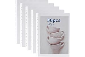 OFFICESWIFT Punched Pockets A4 Heavy Duty Poly Pockets A4 Clear Plastic Wallets Top Open 11 Hole Sheet Protectors for 2/3/4 Ring Binder for Filing Folders Sleeves Documents (50 Pcs-8C(0.16mm))