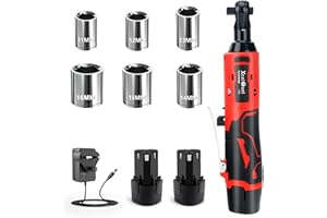 Funnyway 3/8" Cordless Ratchet Wrench, 12V Cordless Ratchet with 2 x 2000mAh Li-Ion Battery and Fast Charger, Max Torque 45N.m, 0-300rpm Electric Ratchet with LED Light and 6 Sockets (Red)