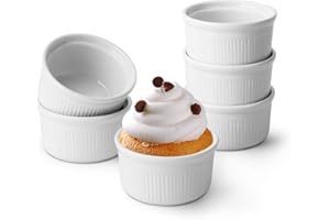 ComSaf Ramekins di Porcellana Bianca, 85ML Tazze da Forno per Soufflé, Creme Brulee, Crema pasticcera, Budino e Gelato - Durevole Set di 6