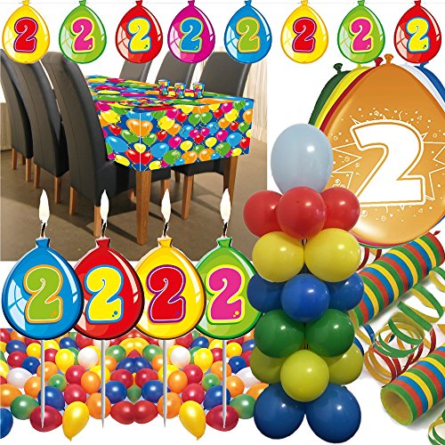 63-teiliges Deko-Set für den * 2. GEBURTSTAG * // mit Tischdecke, Wimpelkette, Kerzen und Deko // Dekoration Kinder Kindergeburtstag zweiter