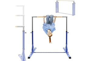 Hauki Barre de Gymnastique Pliable pour Enfants, Bleu/Lilas, Réglable en Hauteur 95,5-150 cm, Structure Acier et Support Bois, Appareil d'entraînement à la Maison Intérieur/Extérieur, Support Stable