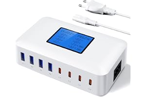 200 W USB-laddare multifack, RENGOGA 8-port USB C-laddare GaN USB C, snabbladdare med LED-skärm, 65 W USB-laddningsstation, pluggladdare, adapter för MacBook iPad Pro Air i Phone 16 15 14 Galaxy S24