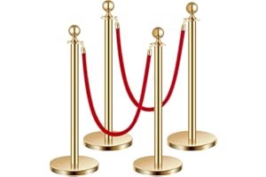 VEVOR Stanchion Post, 4 Pcs Crowd Control Barrier Set with 2 Red Velvet Ropes, 5 ft Stainless Steel Gold Stanchion Post Queue with Sand Injection Hollow Base for Theater, Party, Wedding, Exhibition