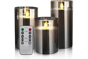 YINUO LIGHT 3 LED Bougies Sans Flamme 10-15cm Bougies Electrique Piliers en Verre Gris LED Flamme Vacillante Fausse à Piles avec Télécommande et Minuterie pour Fête, Anniversaire, Mariage, Table