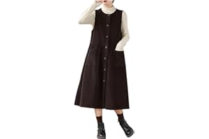 Zeiayuas Women's Button Corduroy Pinafore Dress Overall Dress with Pockets Fall Winter Casual Corduroy Tank Dress Sleeveless Loose Mid Length Long A-Line Dress