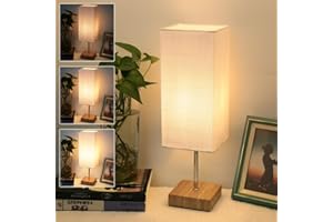 HSLighting Touch Bedside Lamps, Touch Control Bedside Lamps 15''/38.3cm Tall Touch Lamps Table Lamp with Square Wooden Grained Base 3 Level Dimmable Fabric Lamp Shade LED Bulb for Bedroom Living Room